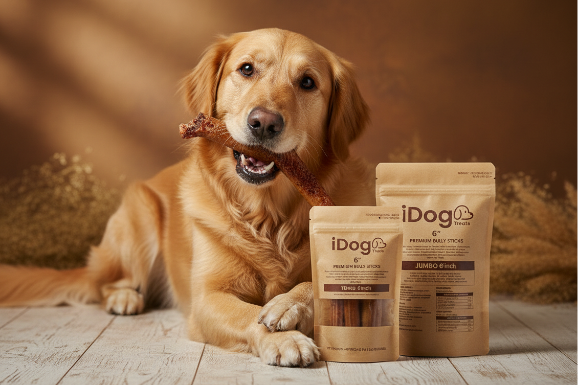 Dog chewing bully stick with iDog Treats packages