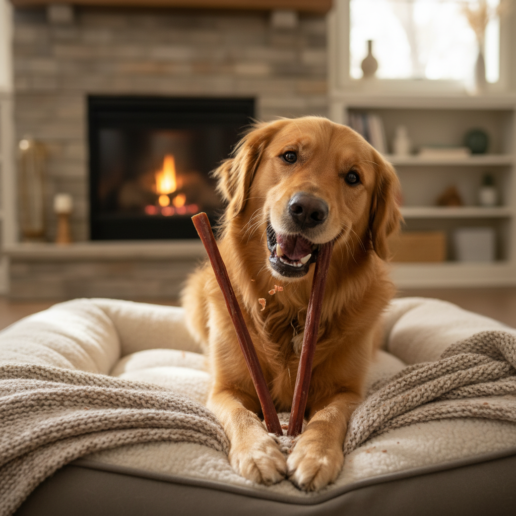 Dog chewing bully stick
