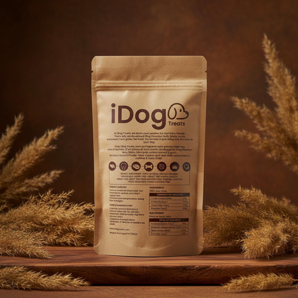 iDog Treats back packaging on earthy background